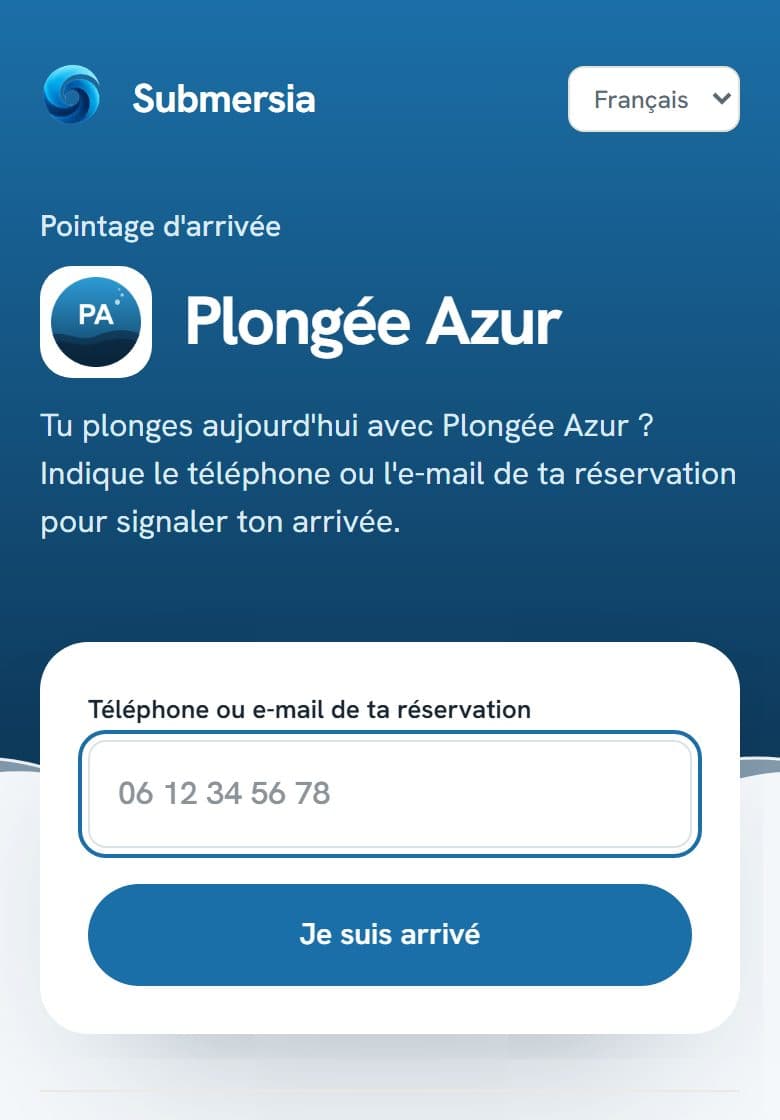 Page de pointage du club de démo sur téléphone : le plongeur signale son arrivée