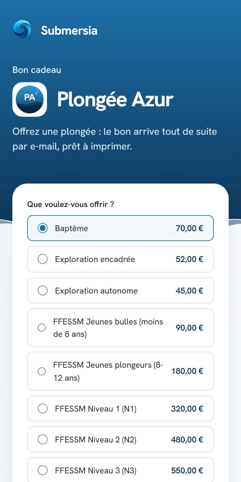 Page « bon cadeau » du club de démo sur téléphone : choix de la plongée à offrir