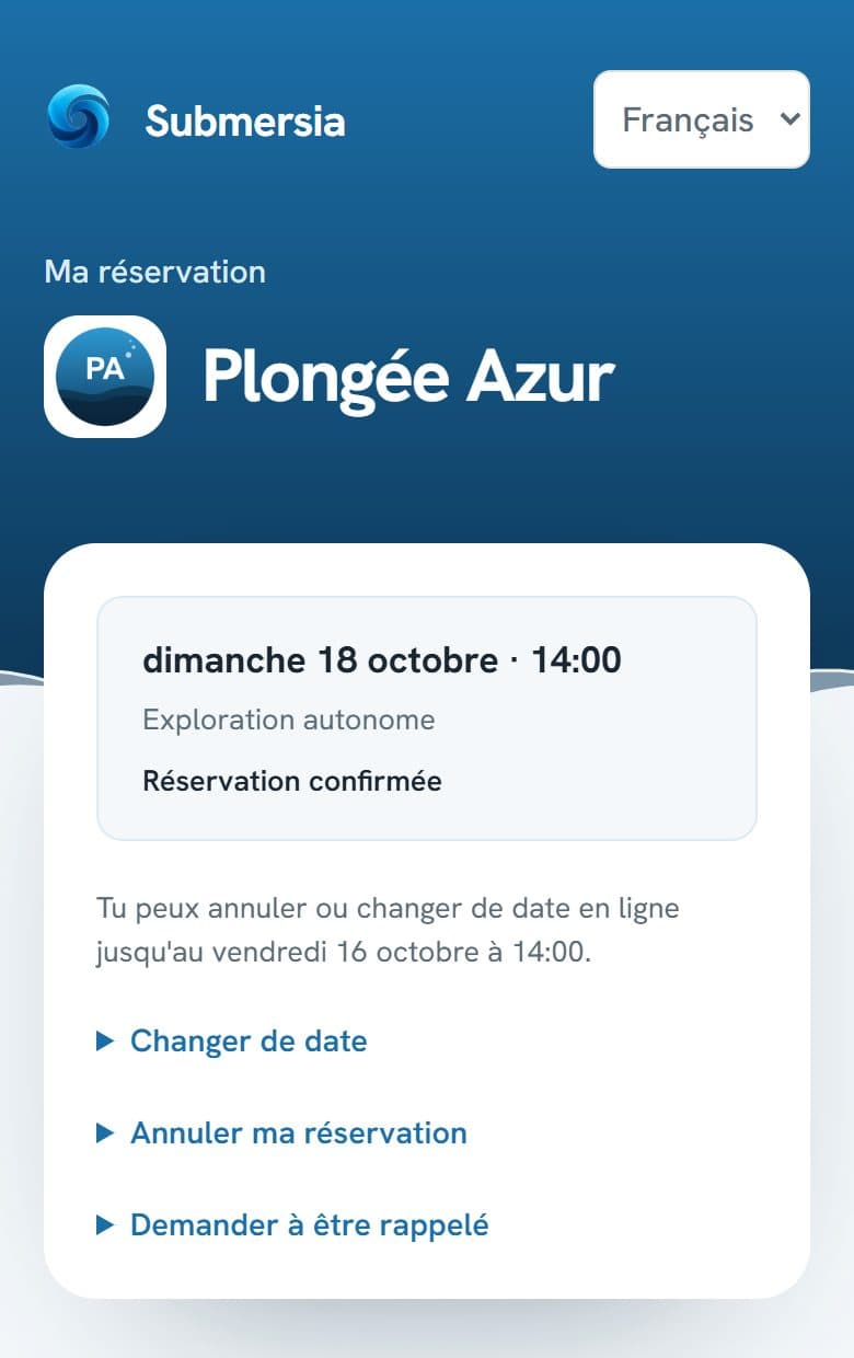 Page « Ma réservation » du club de démo sur téléphone : le plongeur change de date, annule ou demande à être rappelé