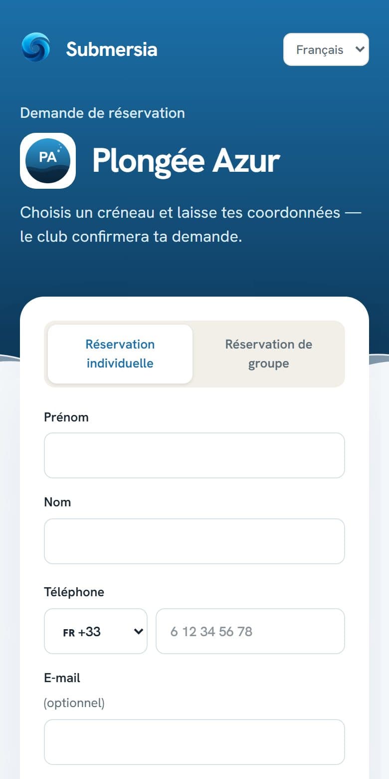 Page de réservation du club de démo, sur téléphone
