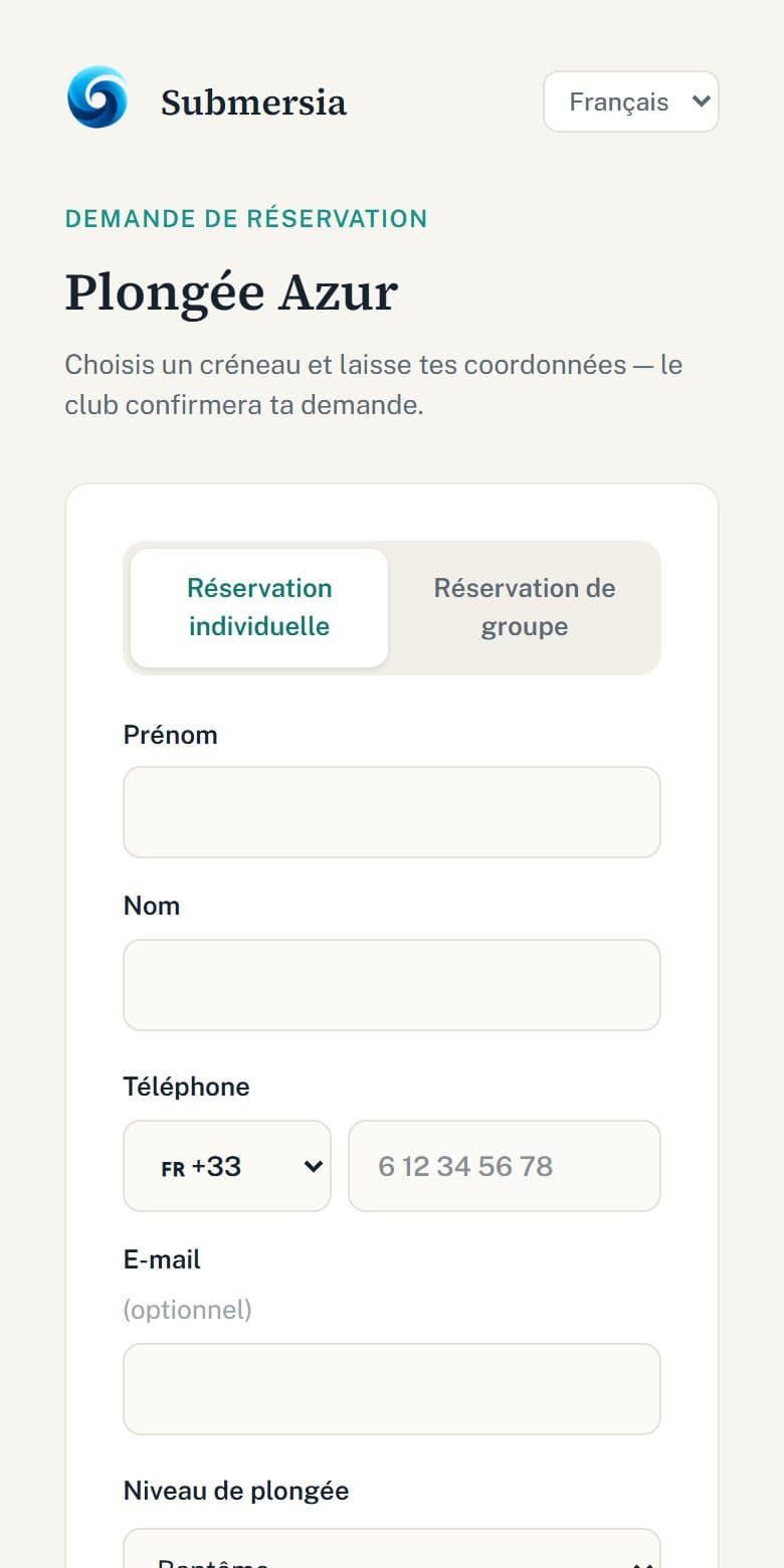 Page de réservation du club de démo, sur téléphone